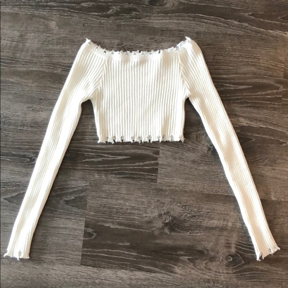 Tops - White long Sleeve Off Shoulder Sweater Crop Top